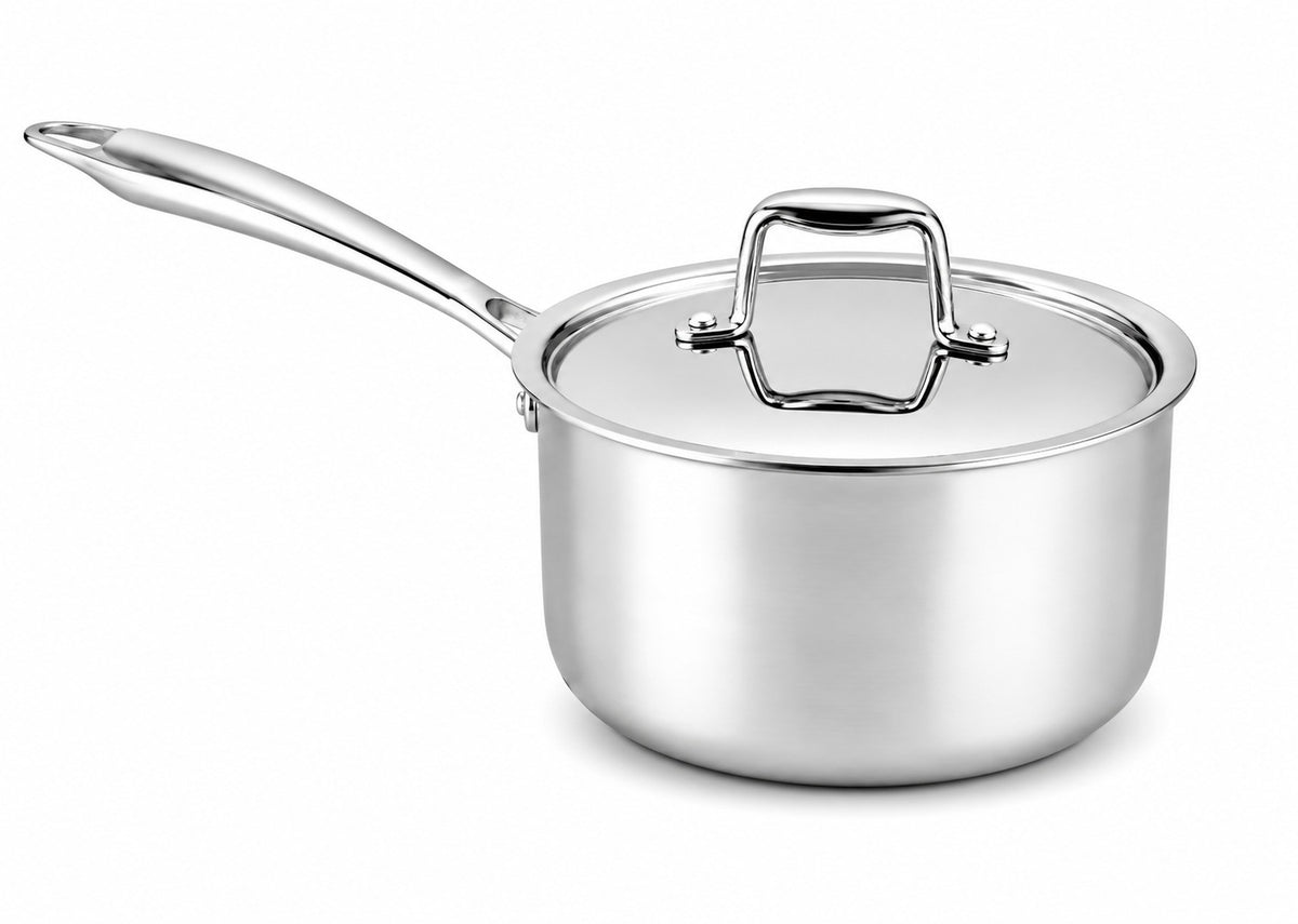 Stainless steel cooking pot with long handle and lid